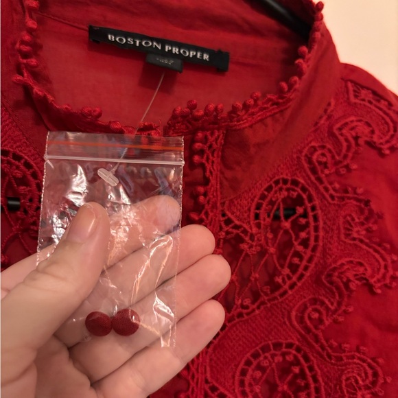 Boston Proper Womens Drama Sleeve Shirt Sz L Mock Neck Button Front Texture Lace - Picture 10 of 16